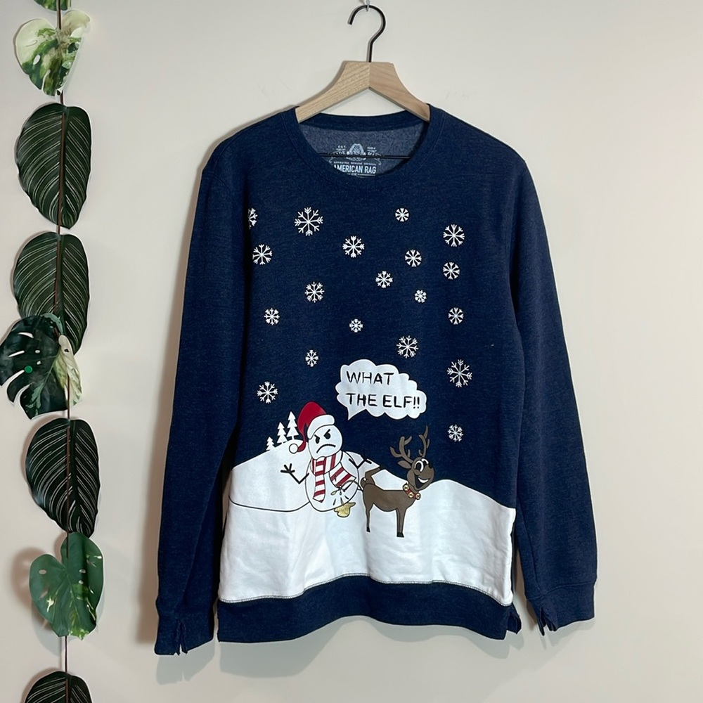 American Rag Ugly Christmas Sweater What the Elf - size large- blue- snowman‎